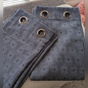Blackout Curtain Panels (2) Navy Blue Geometric Design 64" Long